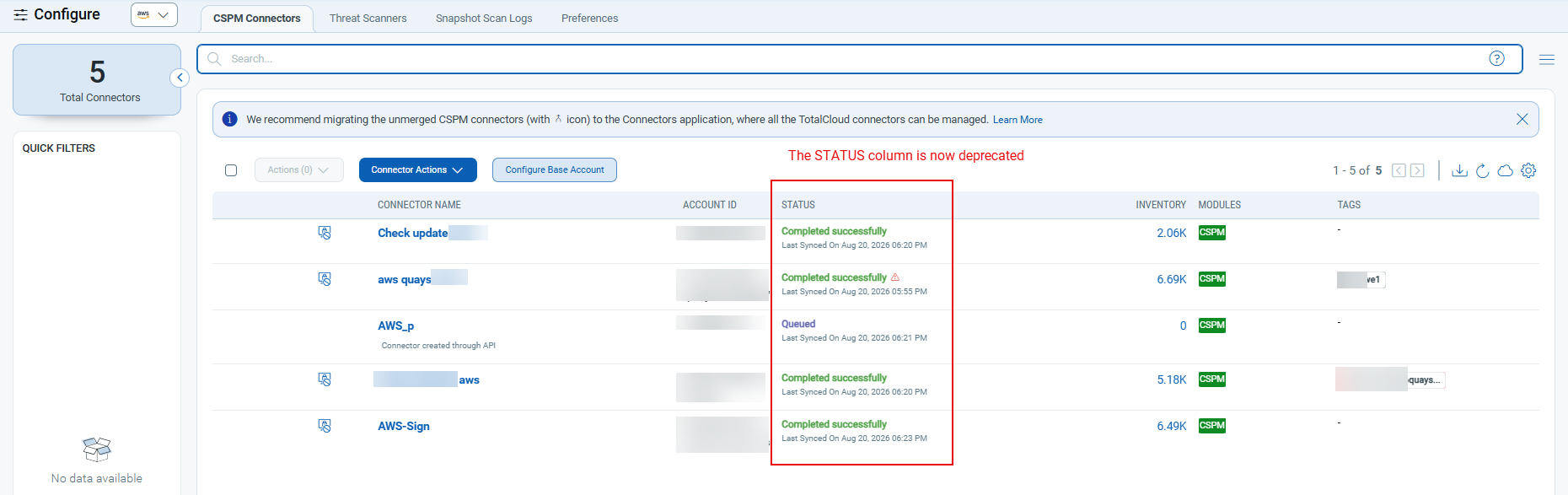Deprecated status column removed from inventory view